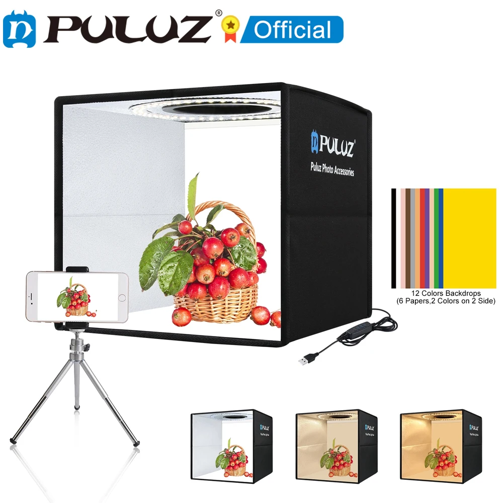 PULUZ Photo Studio Box 25 30 40cm Photo Light Box Foldable Photography Ring LED Panel Box Shooting Tent Box Kit With 6 12 Colors