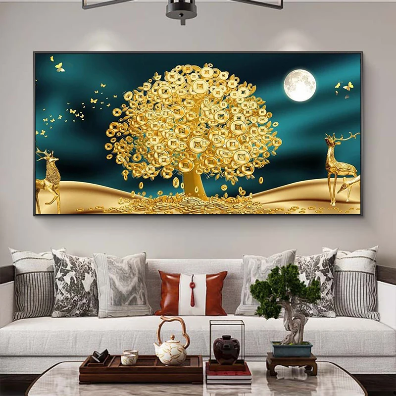 

New Handmade Large Modern Canvas Art Oil Painting Knife Golden Tree Paintings For Home Living Room Hotel Decor Wall Art Picture