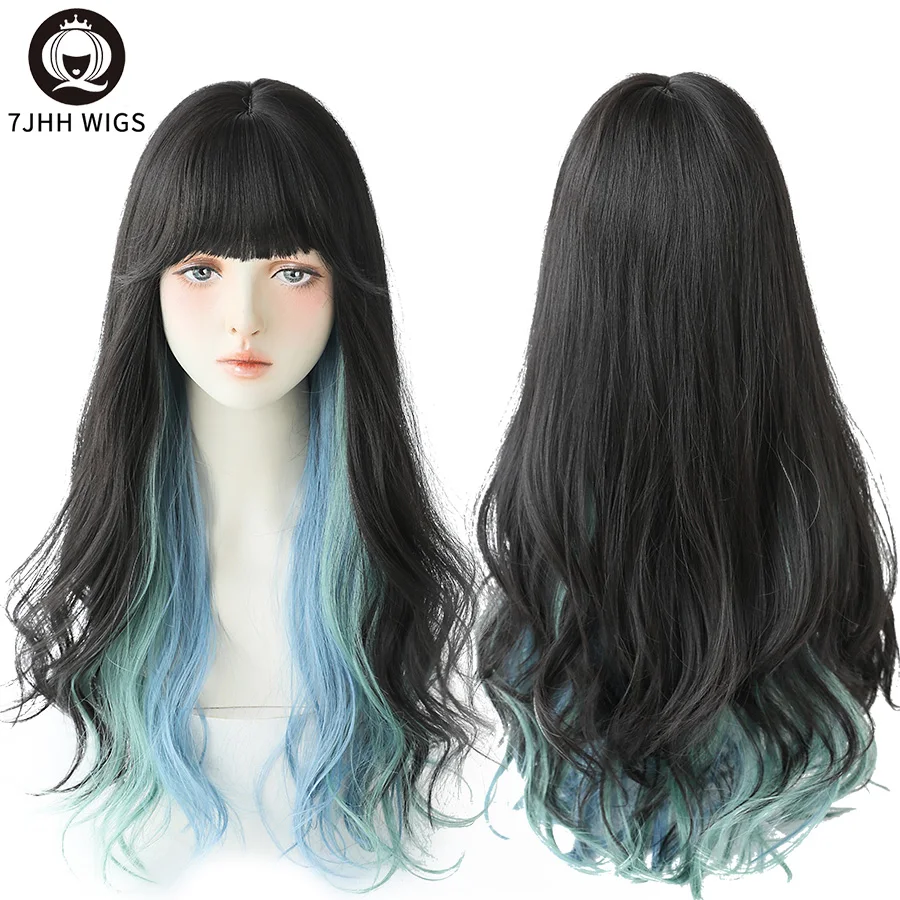 7JHH WIGS Long Omber Corche Hair Wigs with Bangs For Women Synthetic Soft Loose Light Blue Wig Beginner Friendly High Density