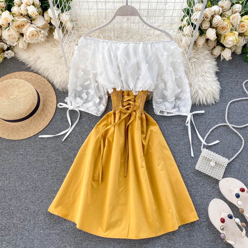 2024 Sexy Off Shoulder Patchwork Summer Short Dress Party Flower Chiffon Slim Waist Lace Up Women Casual A-Line Beach Dress