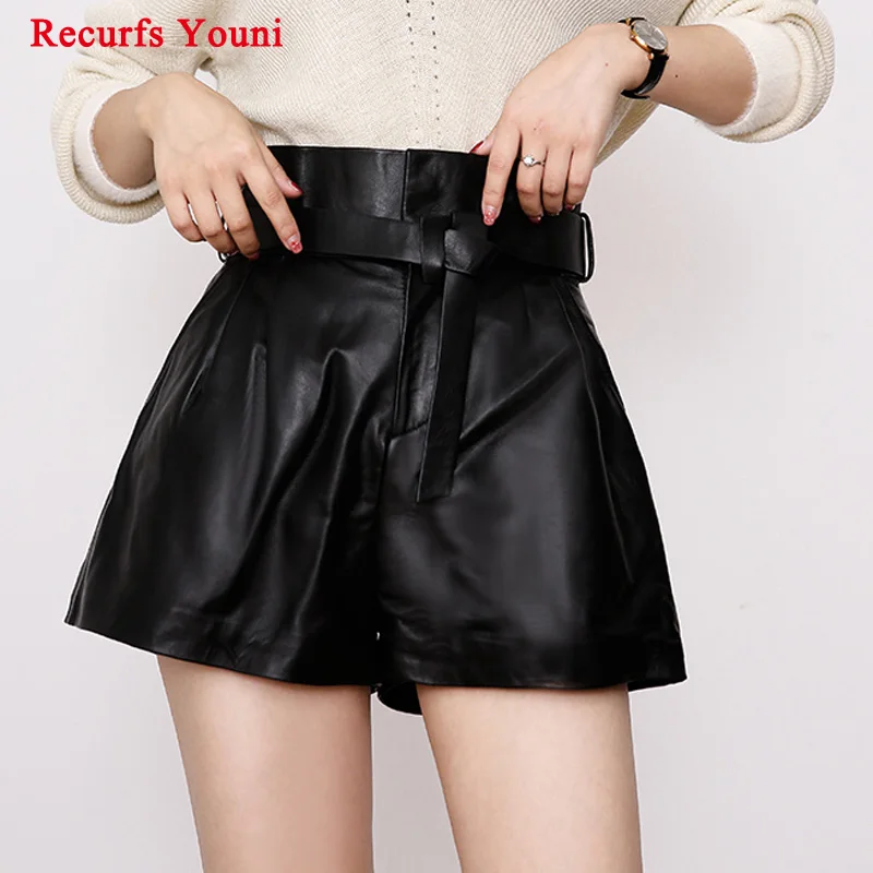 Women Harajuku Genuine Leather Bud Pleated Falbala Shorts With Belt Femme High Waist Brown/Green Casual Mujer Sexy Booty Shorts