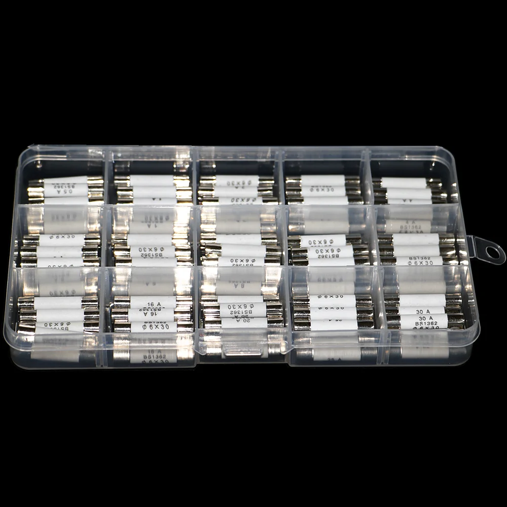 Surtido de fusibles de cerámica, Kit de soplado rápido, 6mm x 30mm, 250V, 0,5a, 1A, 2A, 3A, 4A, 5A, 6A, 8A, 10A, 13A, 15A, 16A, 20A, 25A, 30A, 75 unids/lote por caja