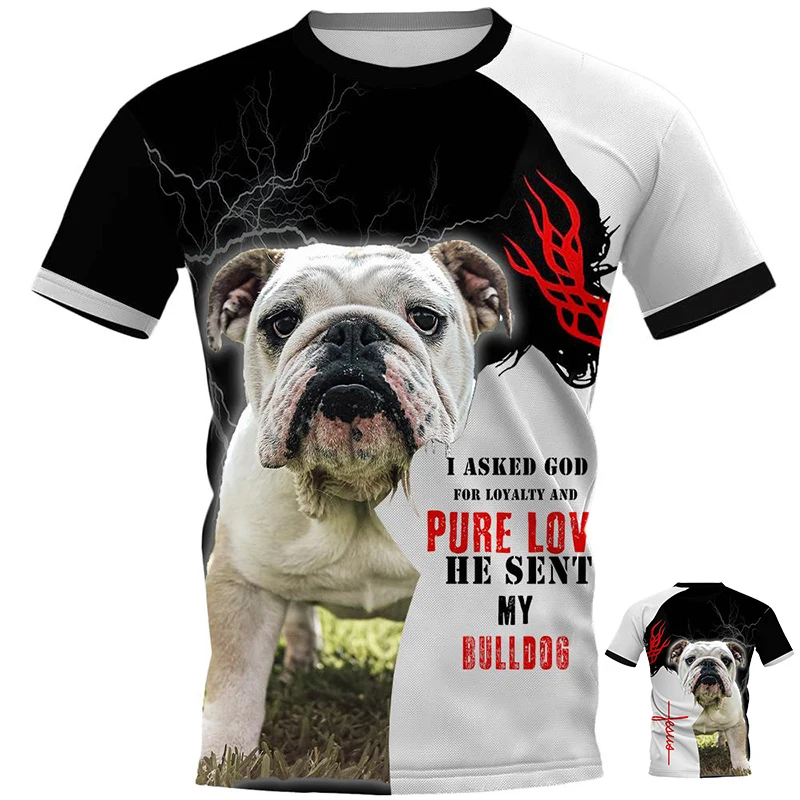 HX  Men T-shirt English Bulldog 3D Print Chest Dog Face Logo Tee Shirt Clothing Unisex Fashion Streetwear Short Sleeve Tops