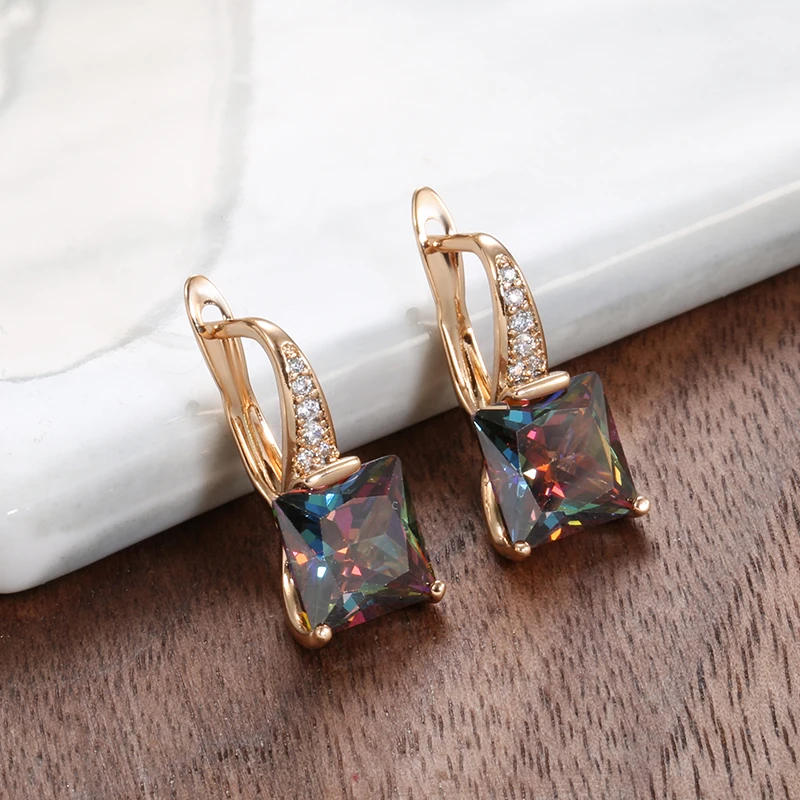 585 Rose Gold Red Green Gradient Zircon Earring for Women Square Cut Stone Rainbow CZ Fashion Party Jewelry Crystal Drop Earring