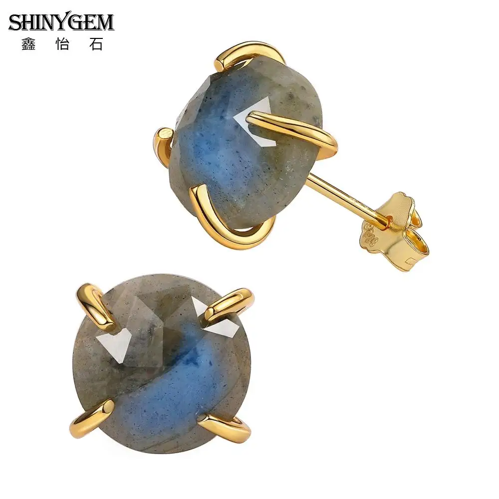 ShinyGem Elegant Cute 10*10mm Natural Labradorite Stud Earrings 925 Silver Gold Plating Charm Grey Gem Stone For Women