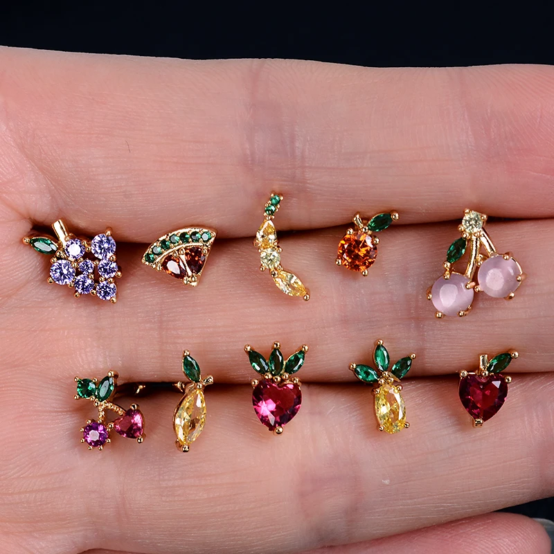 1Pc 20g Stainless Steel Rainbow Cz Fruit Cartilage Bicycle Stud Earring Cute Screw Back Bar Ligth Tragus Conch Lobe Ear Piercing