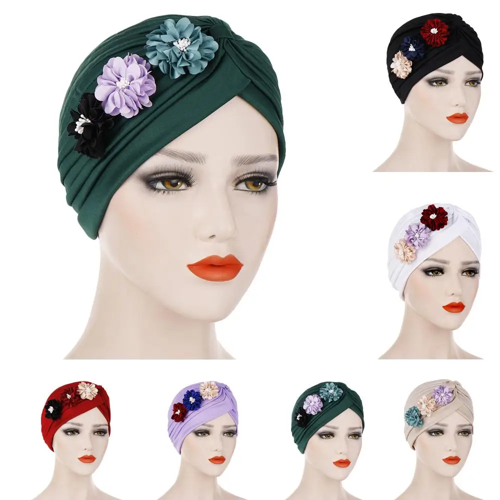 New Women Flower Chemo Cap Turban Pleated Headscarf Indian Headwear Hat Muslim Hijab Bonnet Head Cover Hair Loss Beanies Wrap