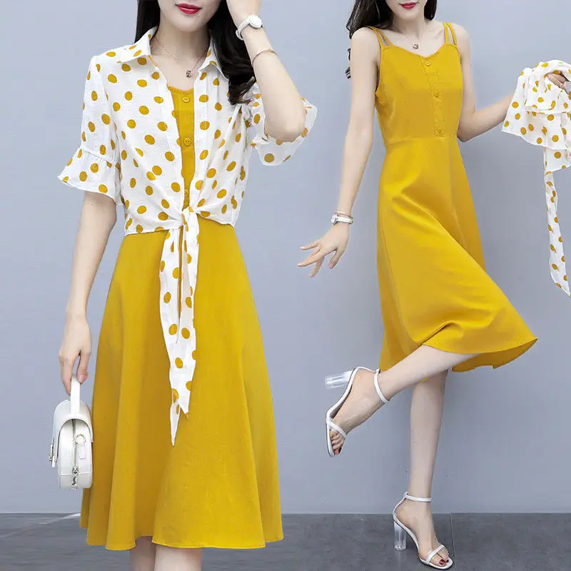 

Summer Casual Polka Dots Yellow Coat + Simple Elegant Button Women Midi Strap Dress 2 Piece Sets Female Lady Suit D79