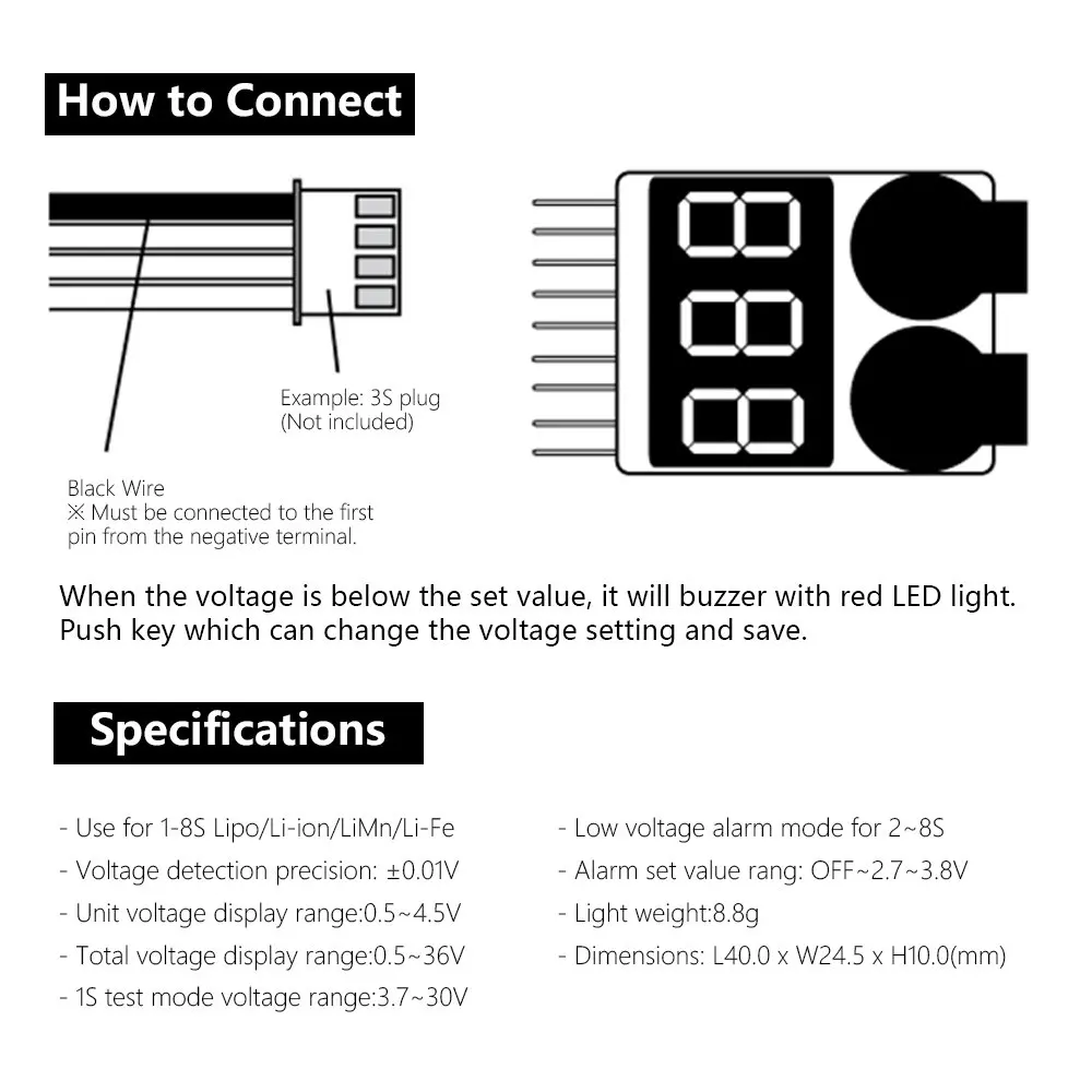 BX100 1-8S Lipo Battery Voltage Tester Low Voltage Buzzer Alarm/ Battery Voltage Checker with Dual Speakers