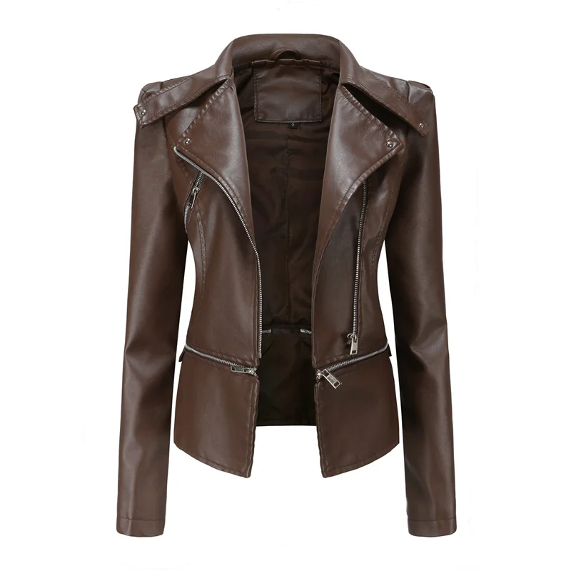 2024 Autumn Women Black Faux Leather Jacket, Casual Zipper Decoration Biker Coat Female Casual Solid Short Outwear S-3XL