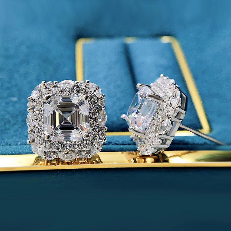 OEVAS 100% Sterling Silver 7*7mm High Carbon Diamond Pagoda Stud Earrings For Women Sparkling Wedding Party Fine Jewelry Gift