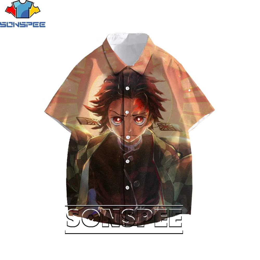 SONSPEE 3D Printing Demon Slayer Cartoon Anime Men's Hawaiian Blouse Ladies Fun Shirts Loose Casual Trend Personality Harajuku