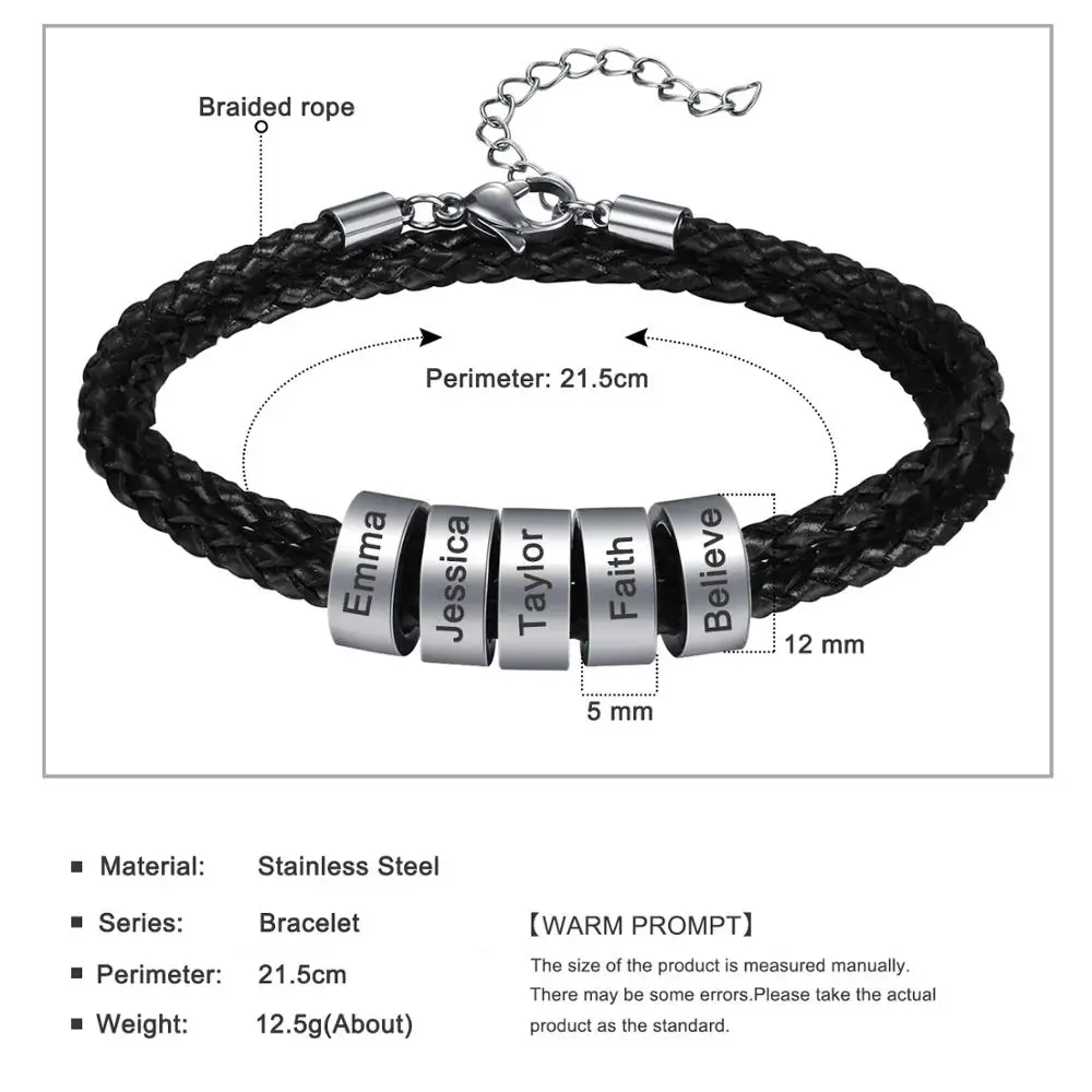 Personalized Family Names Men Bracelet with Custom Beads Black Multilayer Leather Charm Bracelets for Men Father's Day Jewelry