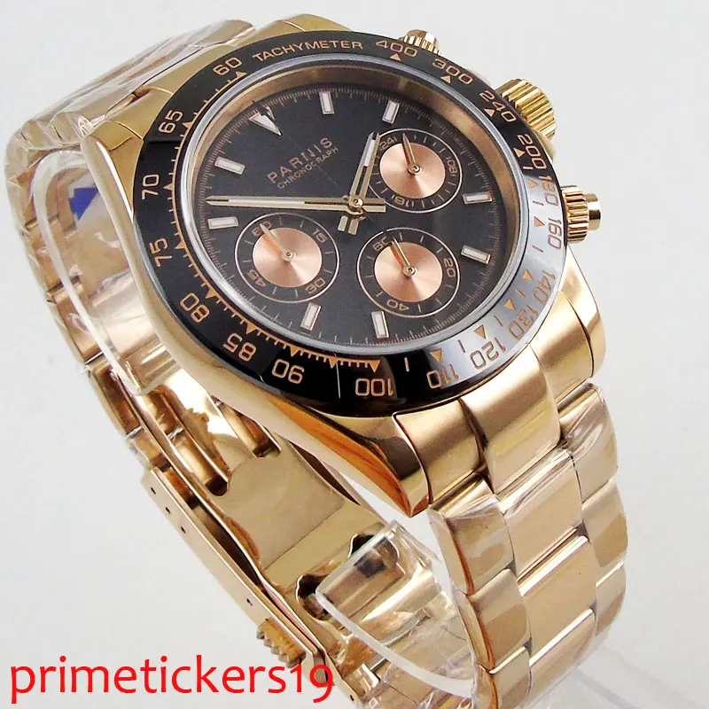 Stainless steel strap with gold plated quartz movement 39mm black dial polished case mens watch PA1185