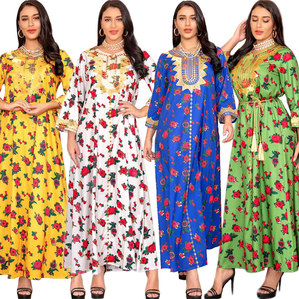 

Floral Print Women Long Dress Muslim Arabic Abaya Islamic Ramadan Dubai Kaftan Middle East Turkish Malaysia Spring Autumn Robe