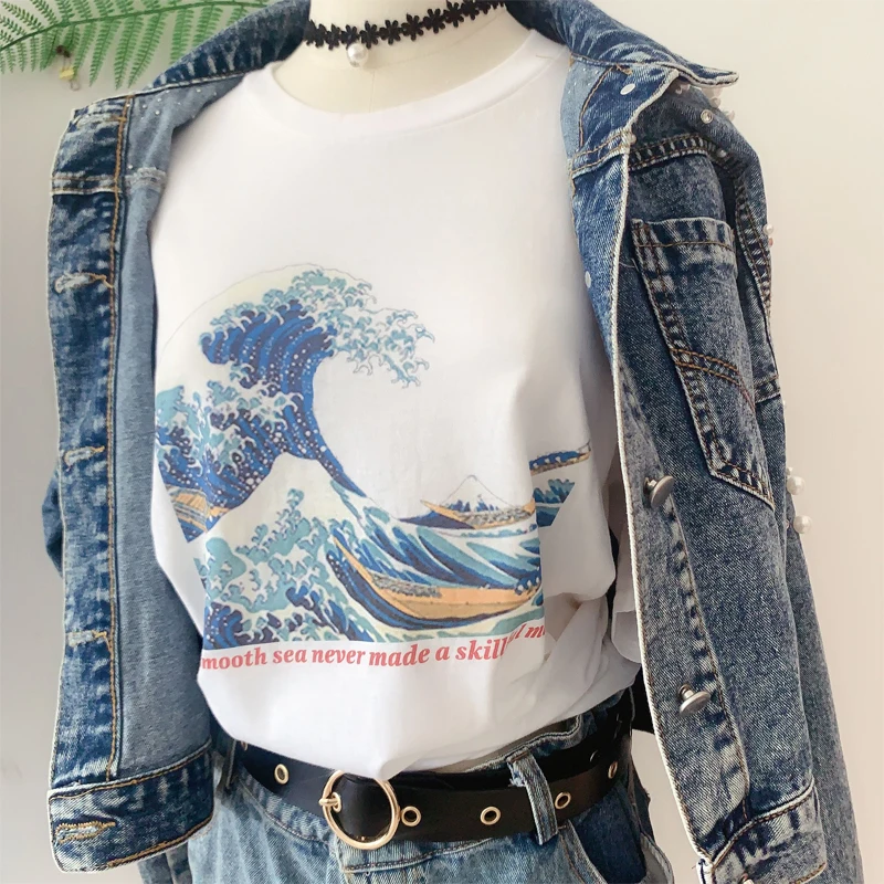 PUDO-A Smooth Sea Never Made a Skillful Sailor  The Great Wave  T-shirt women tees aesthetic vintage fashion grunge tumblr t sh