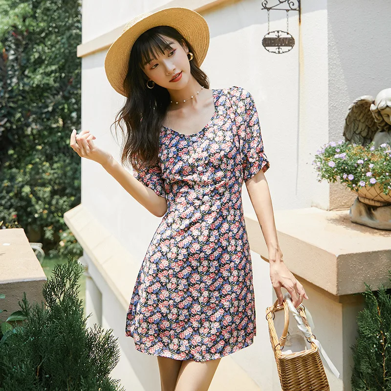 Hoa Vintage Phối Ren Dáng Cổ Nữ Mùa Hè 2021 Nữ Casual Rỗng Ra Đời Boho Đi Biển Đầm Băng Pháp Gợi Cảm đầm Ôm