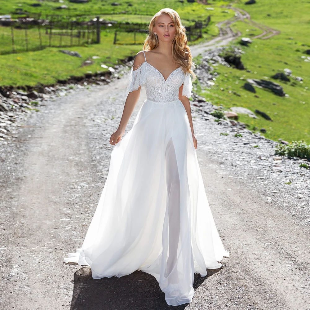 Robe de mariée blanche bohème sur mesure avec appliques en dentelle, robe de mariée princesse initiée, robe de Rh, nouveau, 2024