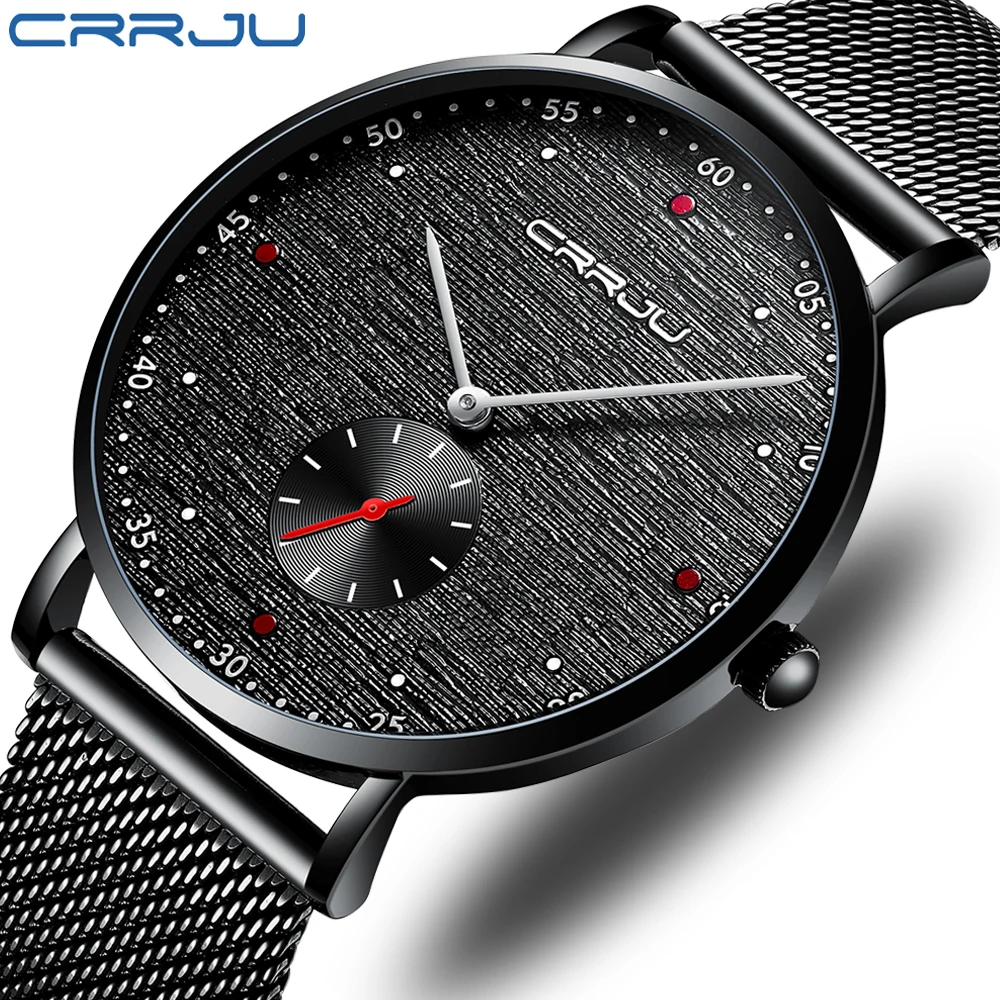 CRRJU Mens Simple Slim Quartz Watch Black Steel Mesh Ultra Thin Men Watches Top Brand Luxury Waterproof Black Male Wrist Watch