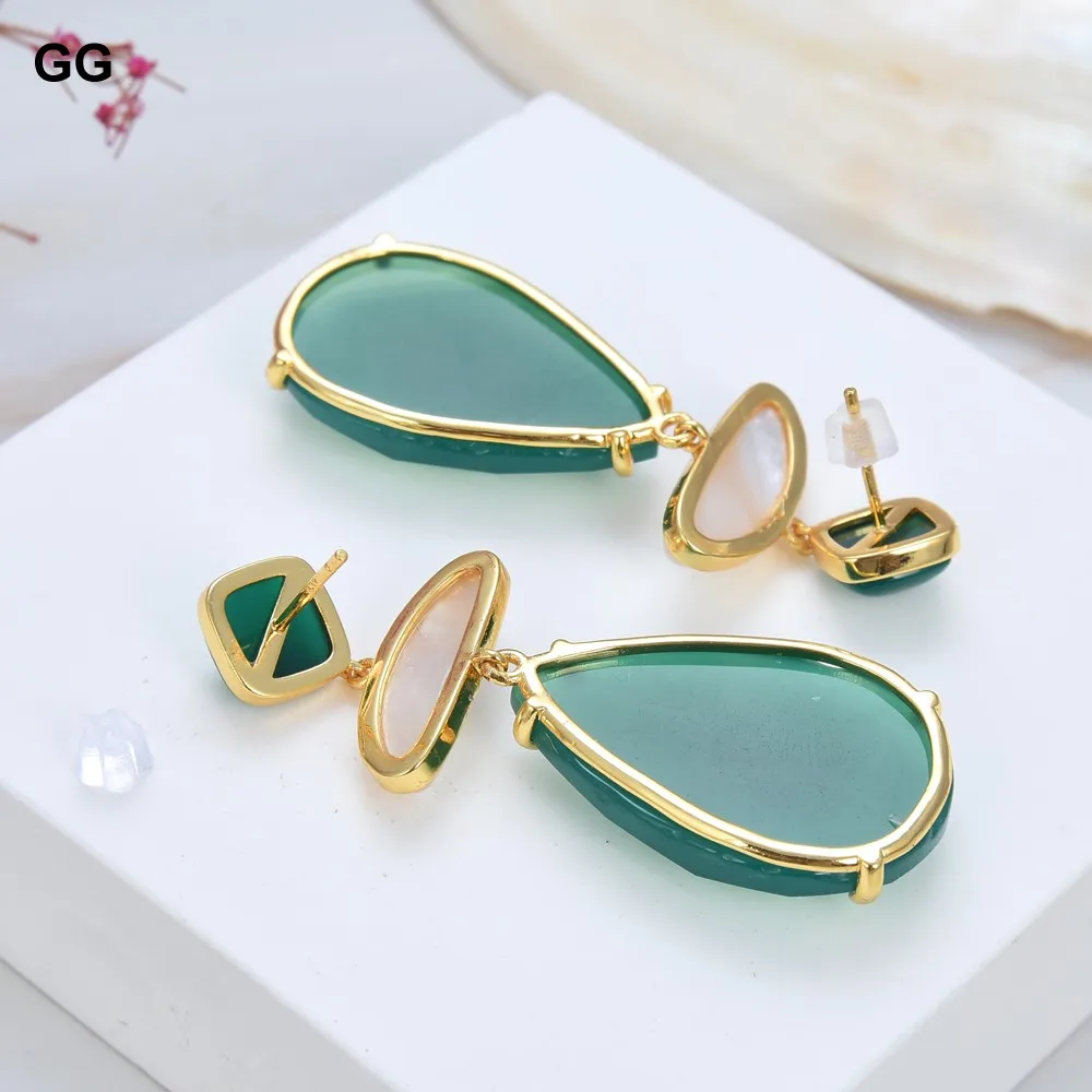 GG Geometric Natural Green Agate Peruvian  White Shell Gold Plated Stud Earrings Vintage Style For Lady