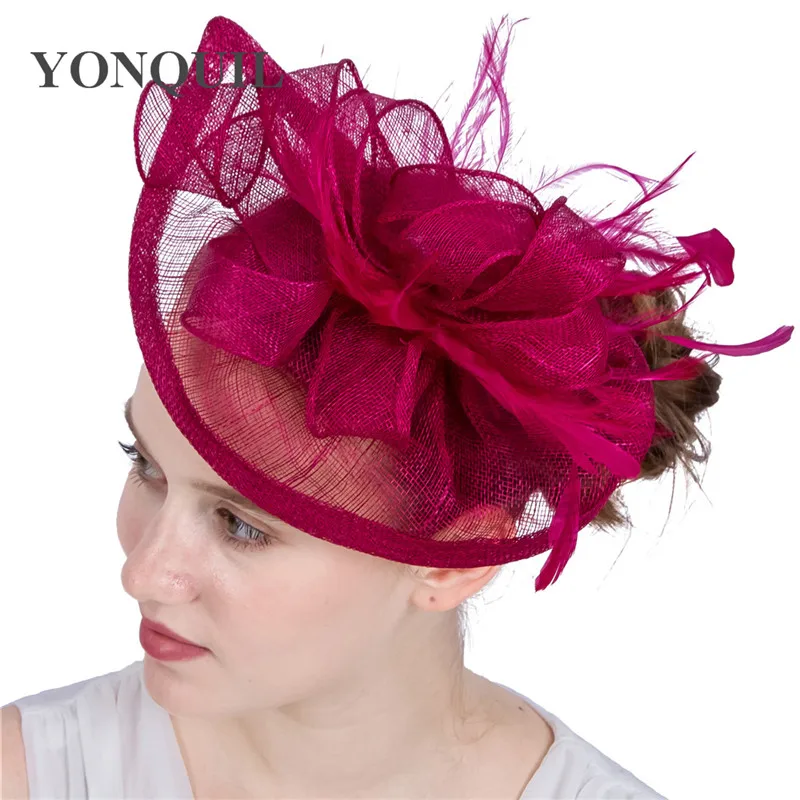 Millinery Magenta Sinamay Fascinator With Feather Lady Derby Occasion Church Hats Bridal Wedding Headpieces NEW ARRIVAL