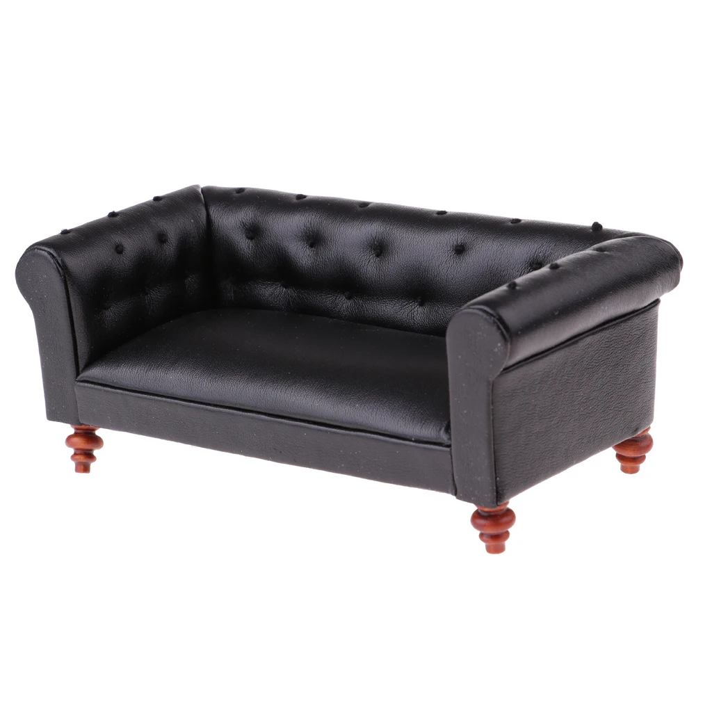 1/12 Quy Mô Nhà Búp Bê Đồ Nội Thất Da Vintage Dài Sofa Giường Mô Hình Thu Nhỏ Ngồi Phụ Kiện Trang Trí Đen