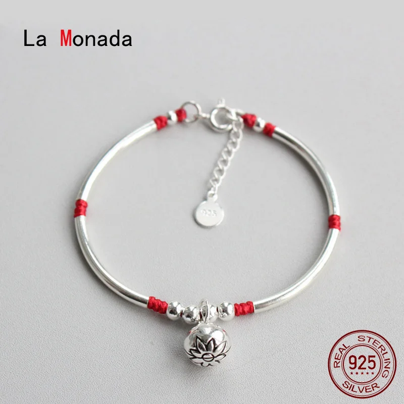 

La Monada красная нить для рук 925 пробы серебряный браслет трубка-колокольчик красные веревочная нить браслеты для женщин серебро 925
