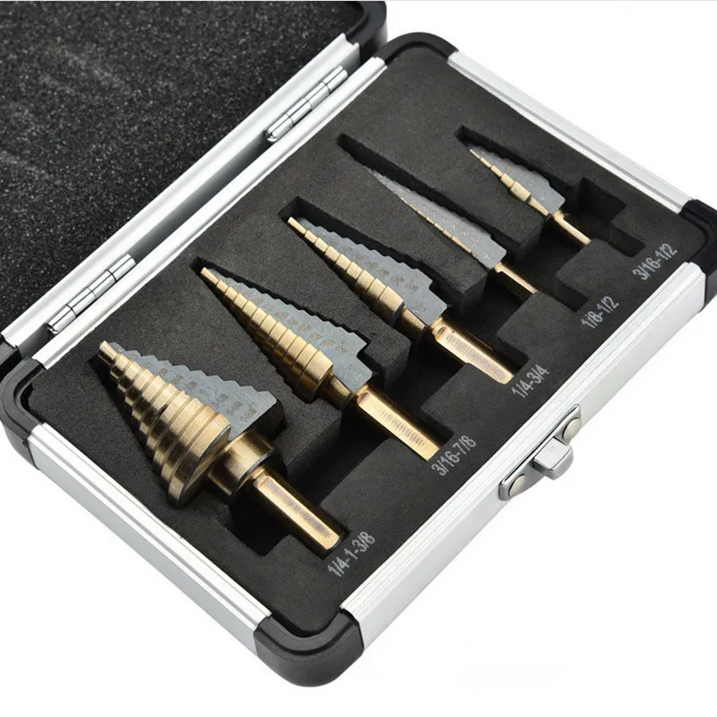 JUSTINLAU 5pc Large Cobalt Step Drill Bit with Case HSS Step Titanium Core Drill Multiple Hole Cutter Drill Bit Set Tool