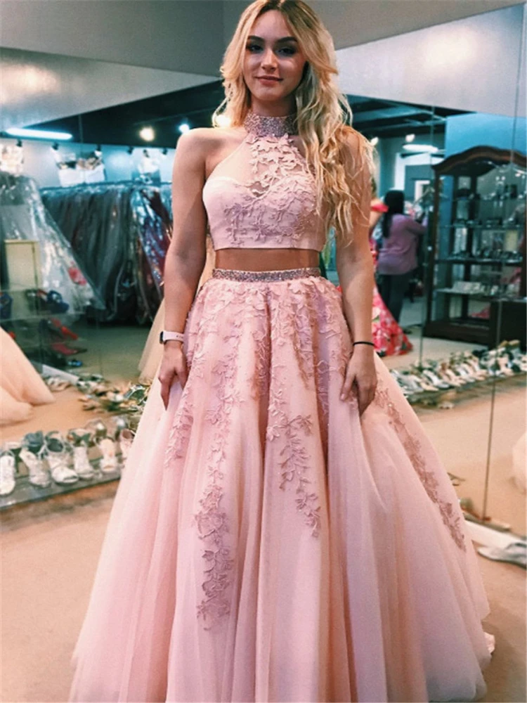 Charming Zwei Stücke Rosa Prom Kleider Perlen High Neck Appliques Illusion A-Line Graduation Party Kleider vestidos de festa 2020