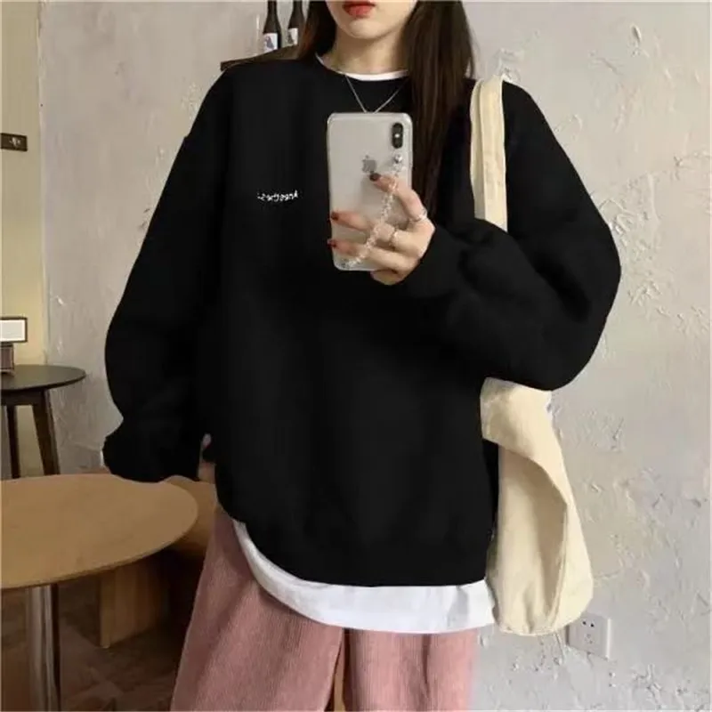 Atasan Baju Manis Wanita Kaus Oblong Oblong Kasual Hoodie Lengan Panjang Huruf Estetika Wanita Mewah Korea Modis