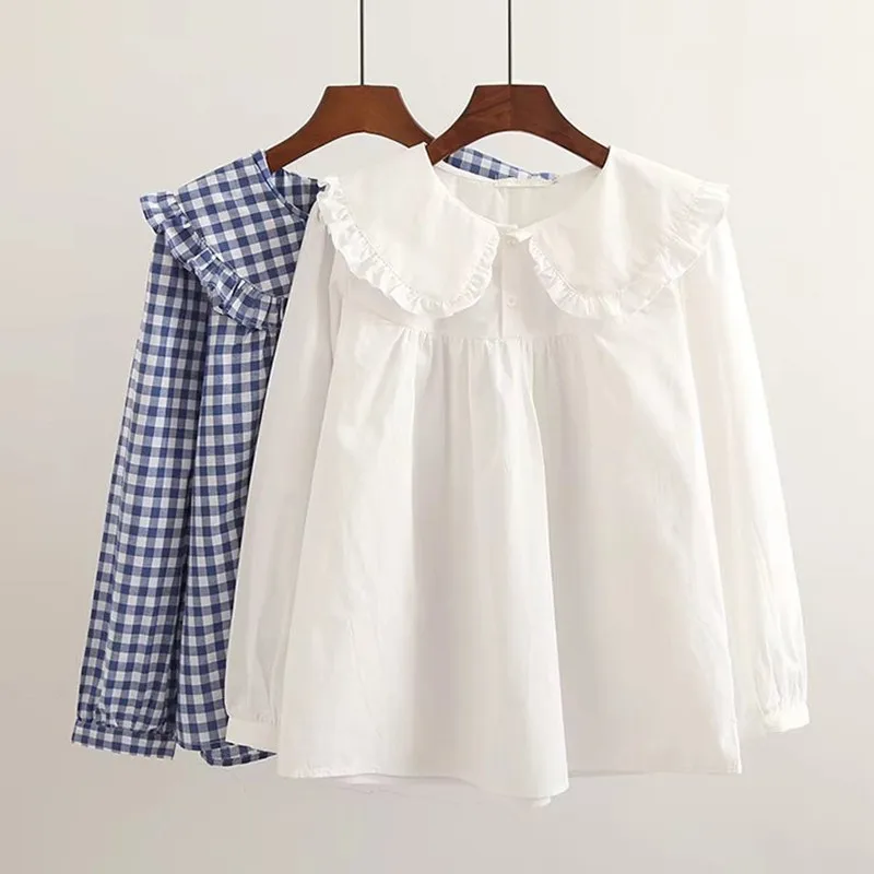 Chemise à carreaux à manches longues pour femmes, chemisiers blancs en coton, col claudine, poupée bébé mignonne, fille Mori japonaise, printemps et