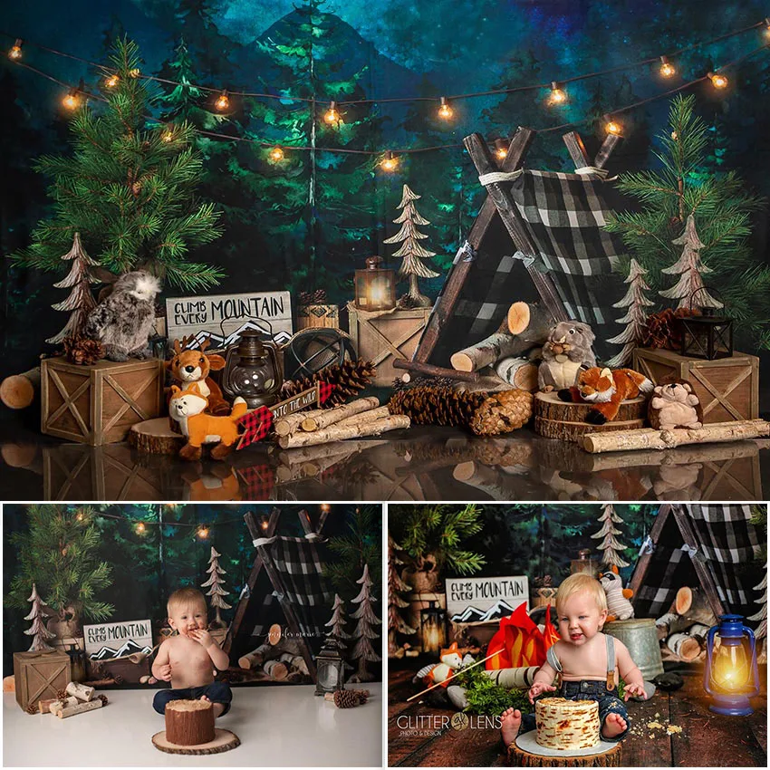 Camping Newborn Photography Backdrop Jungle Forest Tent Green Wood Kids Birthday Party Photo Background for Photoshoot Studio