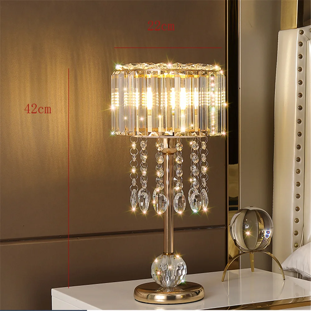 American Luxury Crystal Shade Tassel Led Table Lamp For Living Room Bedroom Loft Home Deco Bedside Gold Nightstand Light Fixture