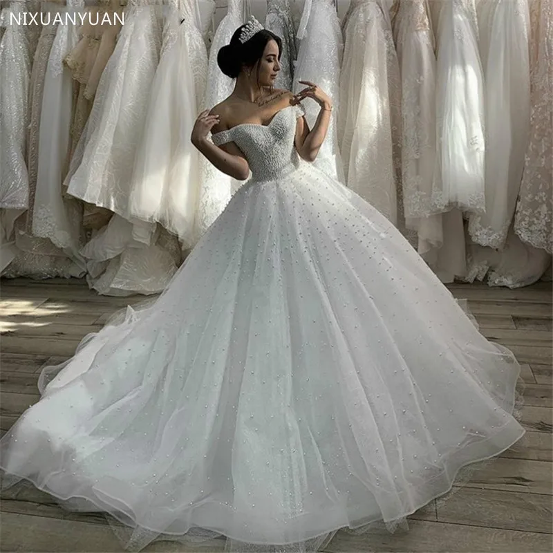 Vestidos De novia sexys con escote Corazón y hombros descubiertos, Vestido De novia De tul con perlas y cordones en la espalda, 2023