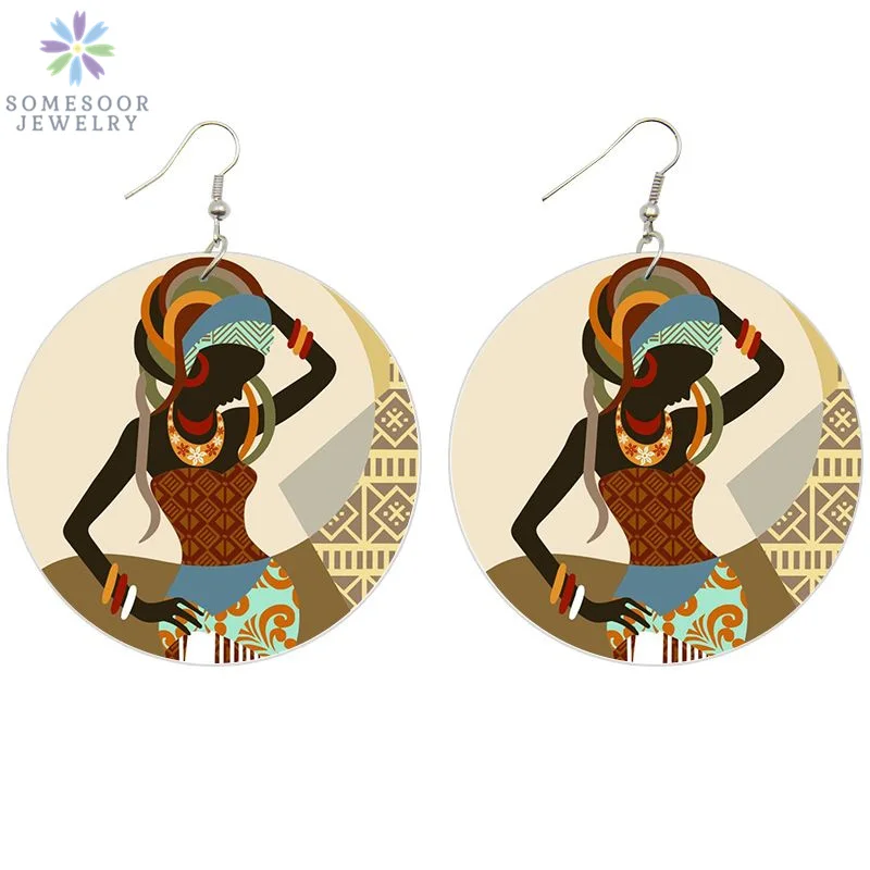 SOMESOOR Afrocentric Ethnic Paint African Wooden Drop Earrings Black Headwrap Woman Artstic Wood Dangle Jewelry For Women Gifts