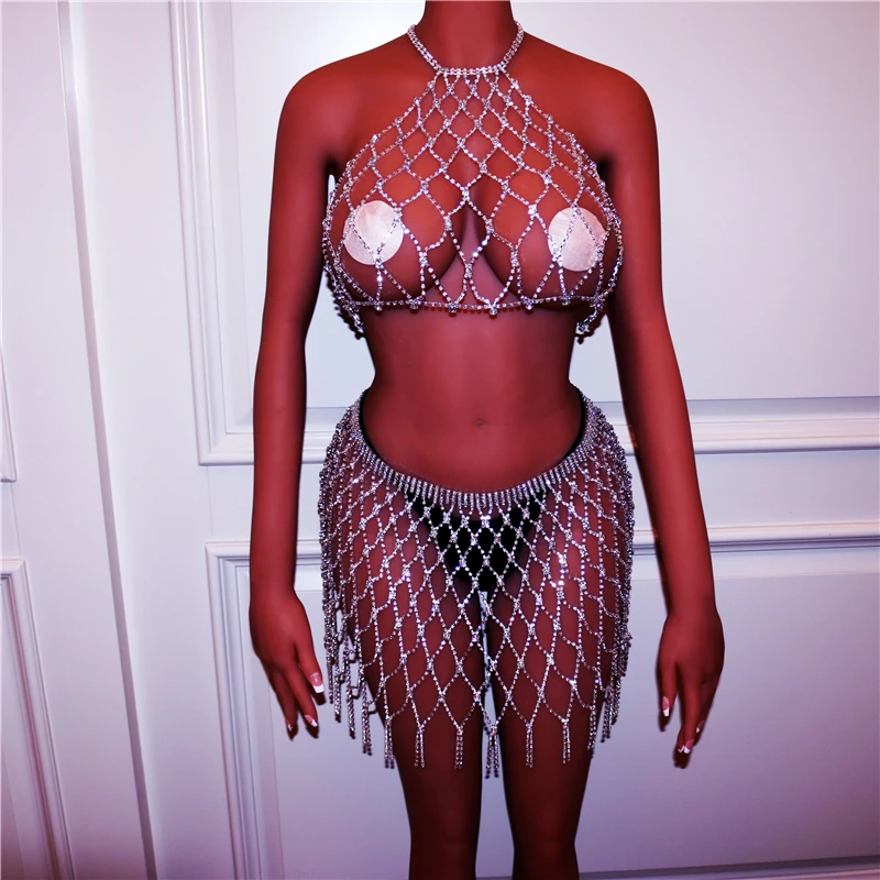 New Crystal Chain Mesh Bodysuit Sexy Bra and Underwear Jewelry for Women Fashion Valentine Bikini Jewelry Body Chain Lingerie