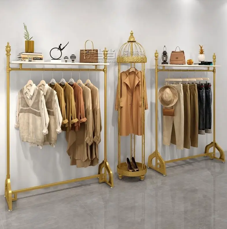 Women's shelf clothing store display rack floor type multi-layer shoe bag display rack adjustable height gold clothes hanger