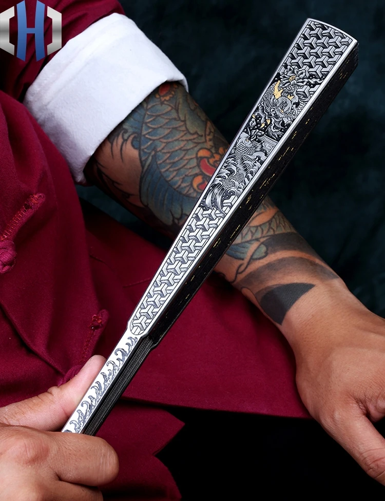 Titan Gấp Quạt Cá Rồng 10 Inch Mười Lăm Vuông Thái Cực Kung Fu Quạt Xương Thép Quốc Phòng Tự Vệ quà Tặng