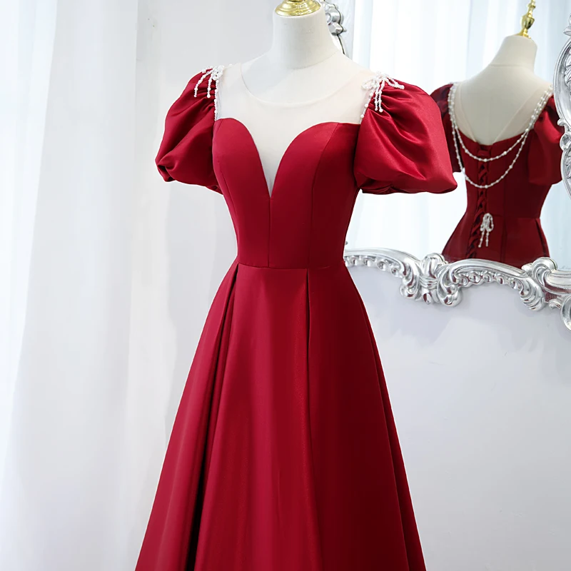 Robe de Soirée en Satin Rouge Personnalisée pour Femme, Manches Bouffantes Élégantes, Ligne A, Longueur au Sol, ixFormelle, Quelle que soit l'Éducatif, Banquet