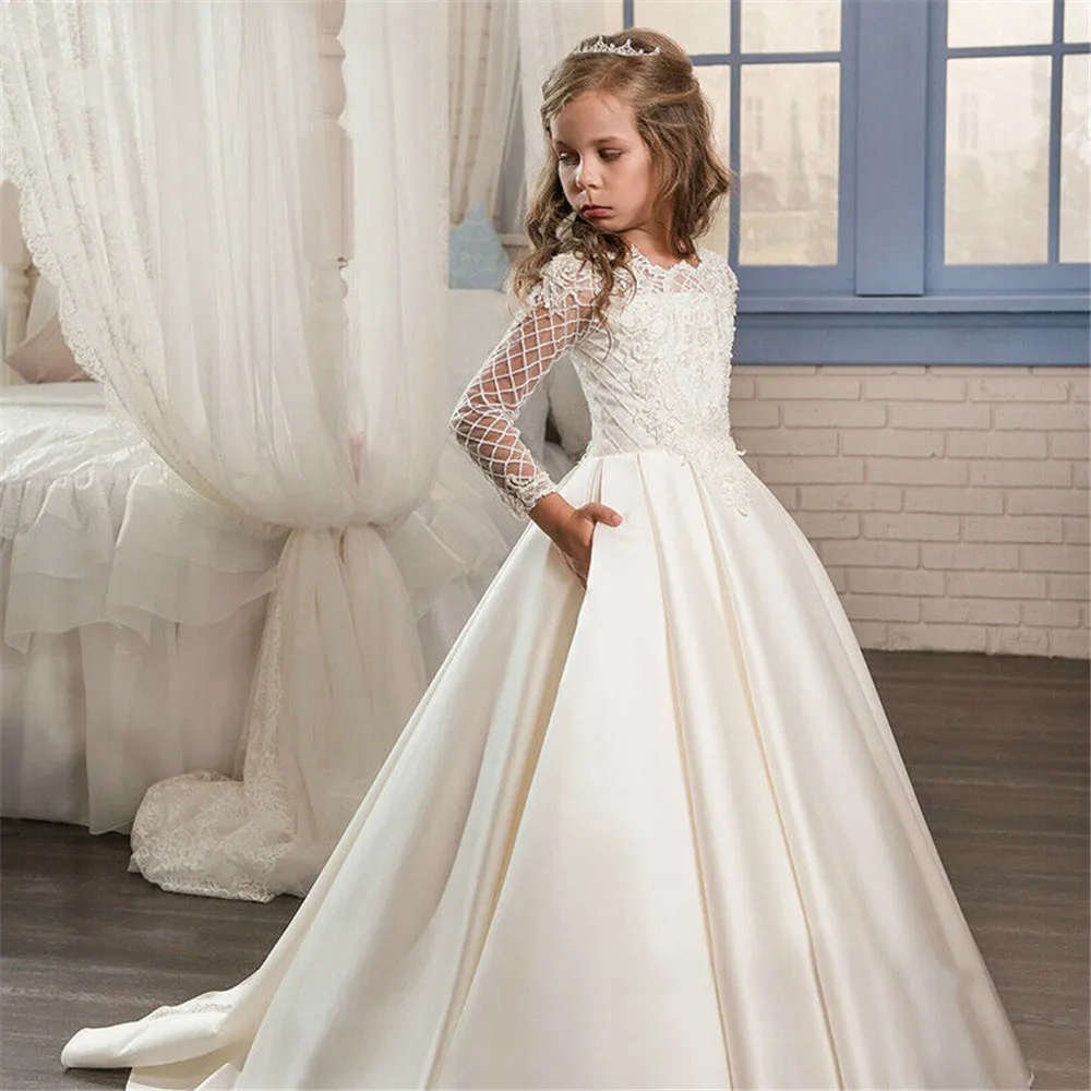 Satin Flower Girl Dresses With Pockets Toddlers Lace Sleeves Pageant First Communion Dress Kids Wedding Birthday Party Gowns