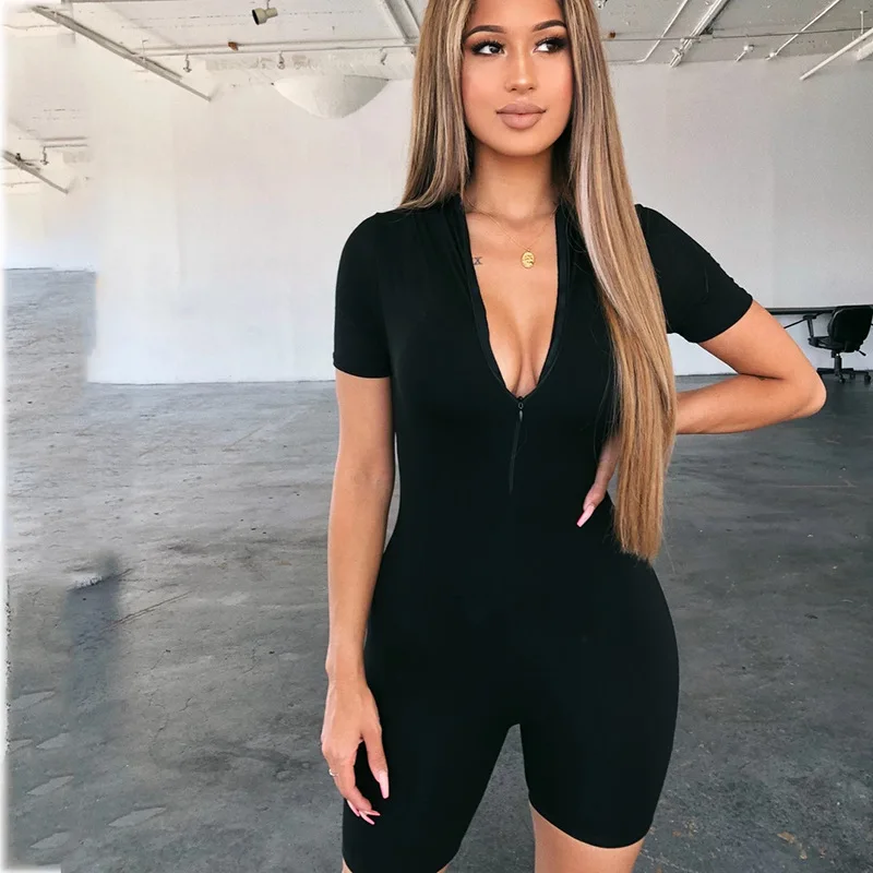 BKLD 2019 Snmmer Women Short Sleeve Zipper Sexy V-Neck Bodysuits New Fashion Bodycon Short Jumsuits Women Fashion Club Rompers