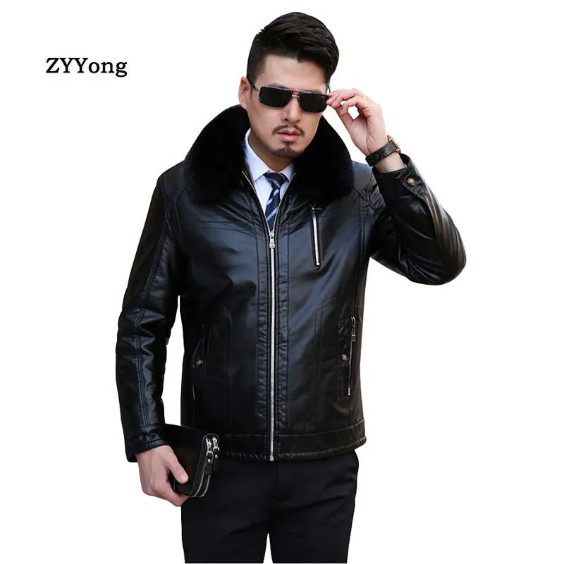 

Winter Black Fleece Leather Jacket Men Parka Coat Overcoat Plus Velvet Warm Removable Fur Collar PU Business Outwear Windbreaker