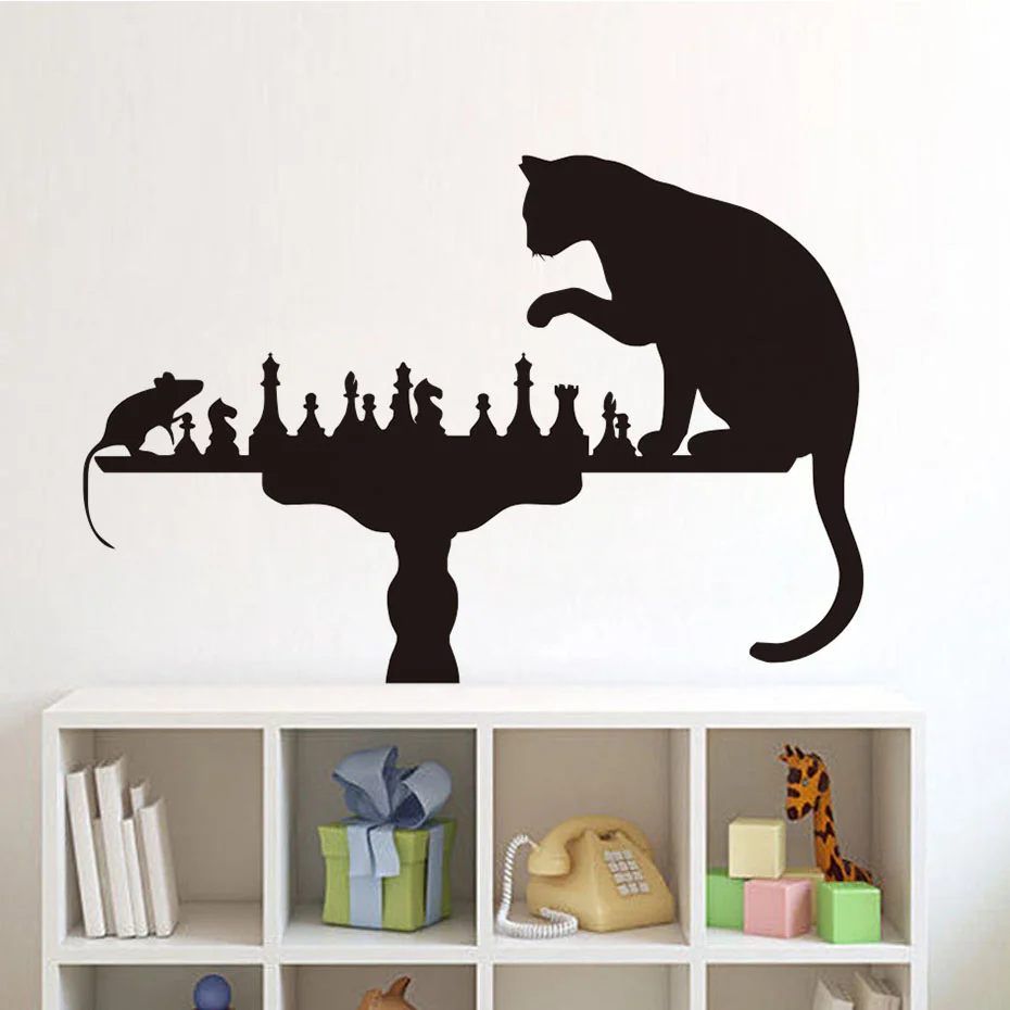 Black Cat Playing Chess With Mouse Home Decor For Living Room Vinyl Creative Removable Sticker