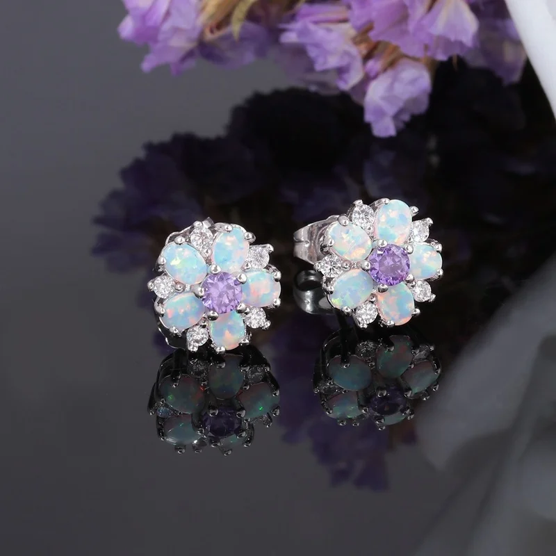 CiNily Multcolor Fire Opal Stud Earrings With Zircon 925 Sterling Silver  For Women Party Jewelry Large Hoop Flower Earrings