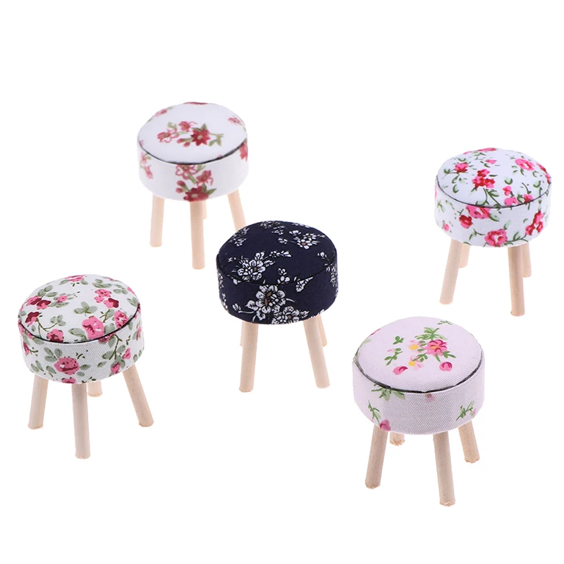 Round Floral Stool Chair ACC for Dolls House Decor Kids Children Pretend Play Toy 1/12 Scale Dollhouse Miniature Furniture