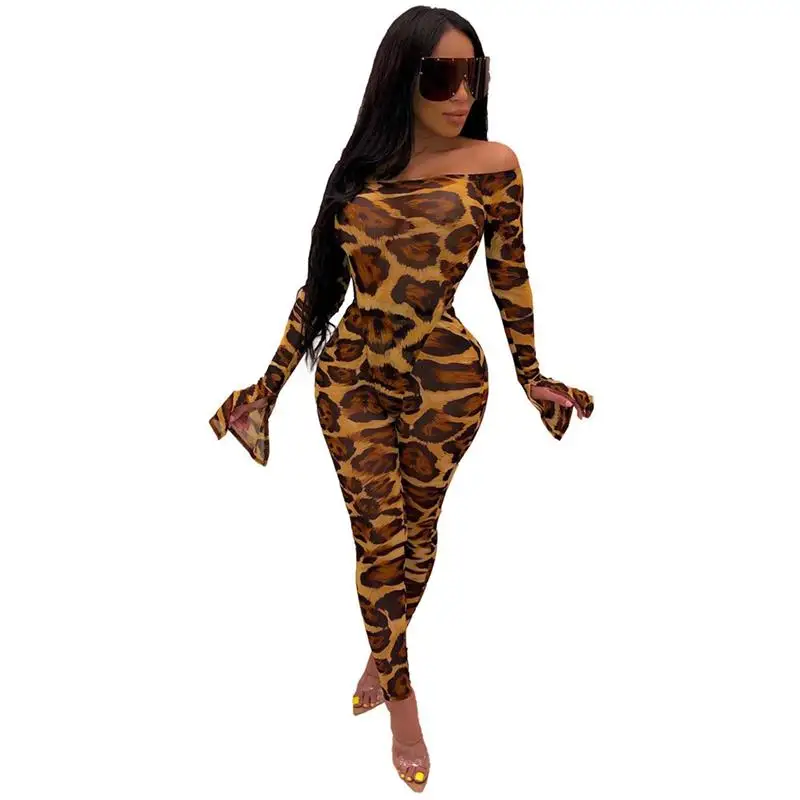 2020 neue Frauen Leopard Print Langarm Overall frauen Hosen Mode Schlanke Damen Sexy Gelb Bodycon Overalls keine gürtel