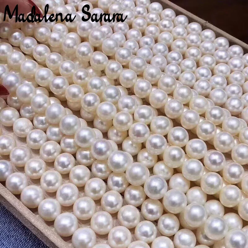 

MADALENA SARARA AAAA Freshwater Pearl Necklace Strand Natural White Flawless Perfect Round 8.0-9.0mm Women Jewelry Making