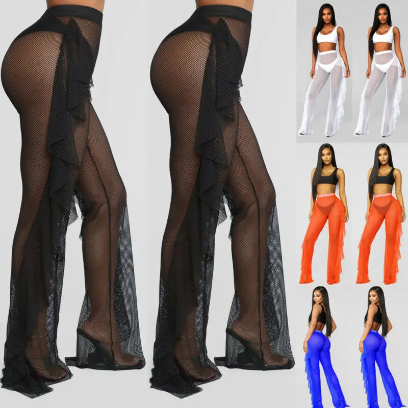 

Summer Womens High Waist See Through Flared Leg Mesh Sheer Wide Leg Pant Trousers Bikini Cover Up Beach Clubwear Bathing