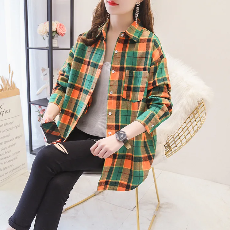 Brand Women\'s Flannel Plaid Shirts 2023 New Ladies Tops Exquisite Designer Style Loose Blouses Casual Cotton Long Sleeve Blouse