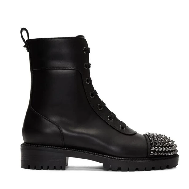 Rivet Buffed Calfskin Boots Round Toe Studded Matte Leather Black Lace Up Booties Low Heel Zipper Ankle Biker Boots Fall Winter